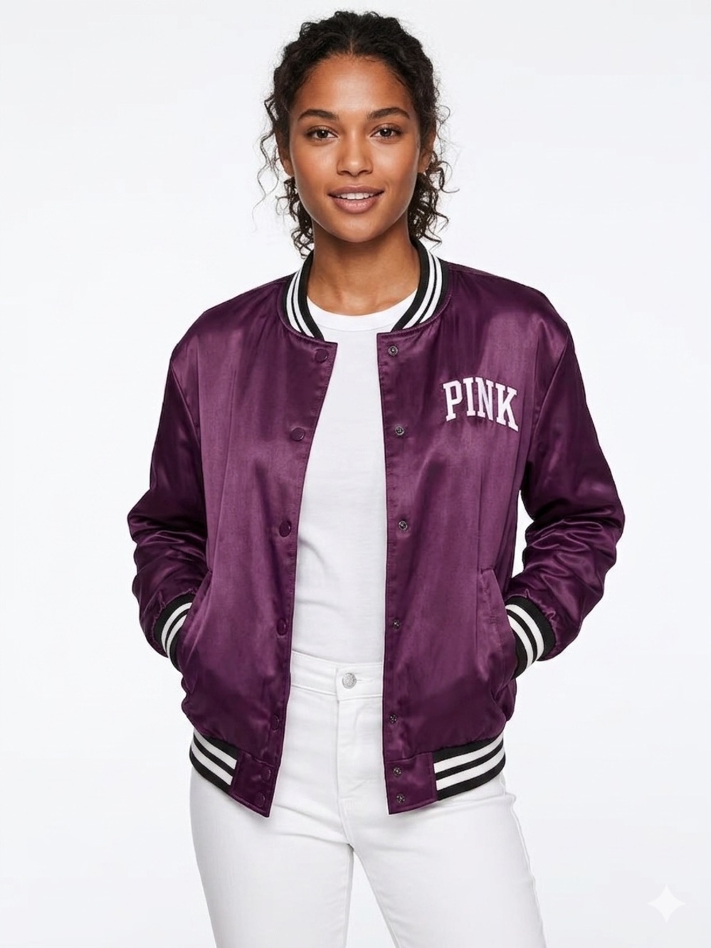 PINK Victoria's Secret Purple Satin Varsity Bomber Jacket